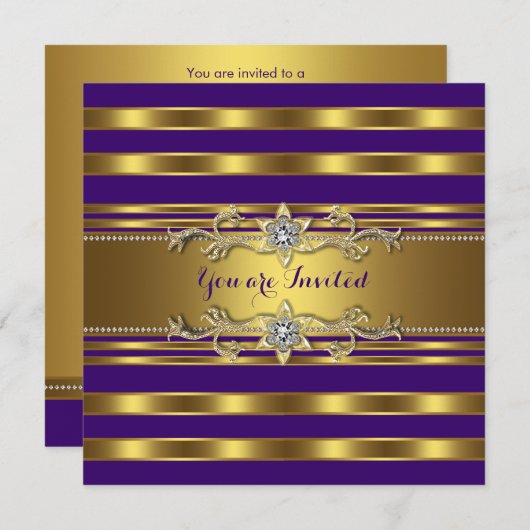 パープルエレガントと金ゴールドの誕生日パーティー 招待状 (正面/裏面)