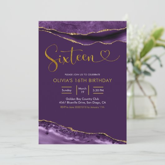 パープルエレガントと金ゴールドアガテ16誕生日 招待状 (スタンド正面)