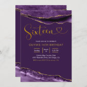 パープルエレガントと金ゴールドアガテ16誕生日 招待状 (正面/裏面)