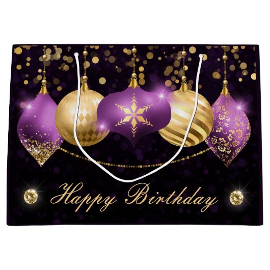 パープルエレガントと金ゴールドウィンターボーブル誕生日 ラージペーパーバッグ (正面)