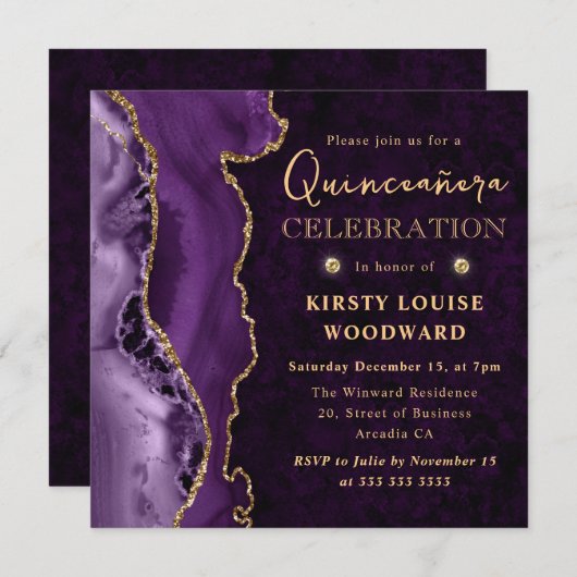 パープルエレガントと金ゴールドグリッターアゲートキンセアニェラ 招待状 (正面/裏面)