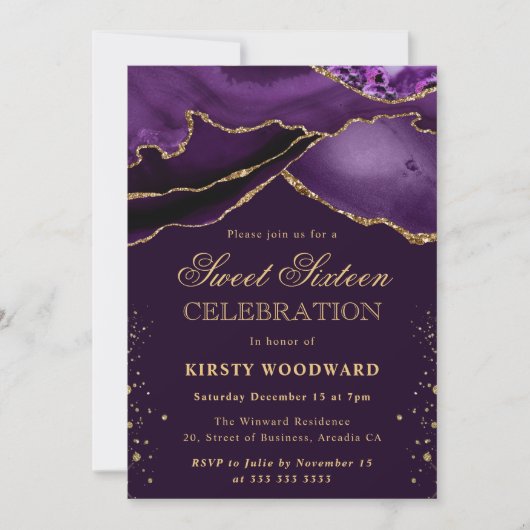 パープルエレガントと金ゴールドグリッターアゲートスウィート16 招待状 (正面)