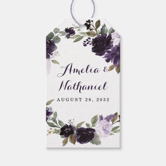 パープルエレガントと金ゴールドグリーンフローラ結婚式の引き出物 ギフトタグ (正面)