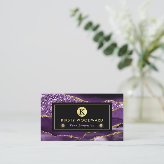 パープルエレガントと金ゴールド海グリッターアゲート 名刺 (スタンド正面)
