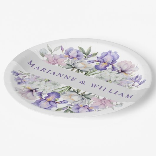 パープルエレガントアイリスロマンフローラ結婚ズ ペーパープレート (アングル)