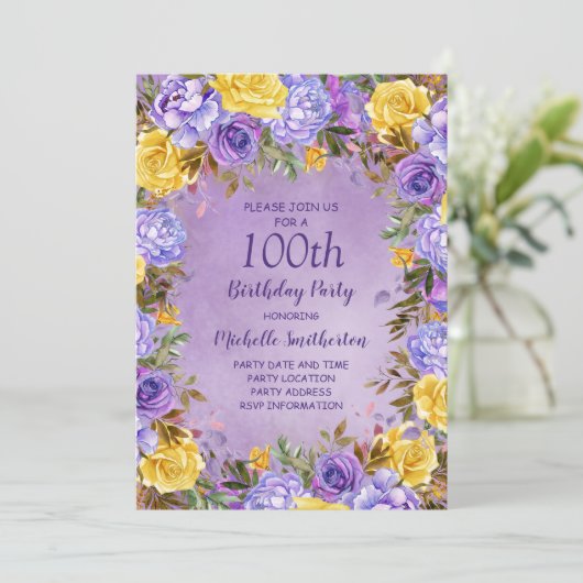 パープルエレガントイエローローズペオニー100誕生日 招待状 (スタンド正面)