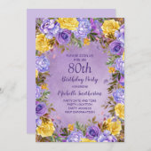 パープルエレガントイエローローズペオニー80誕生日 招待状 (正面/裏面)