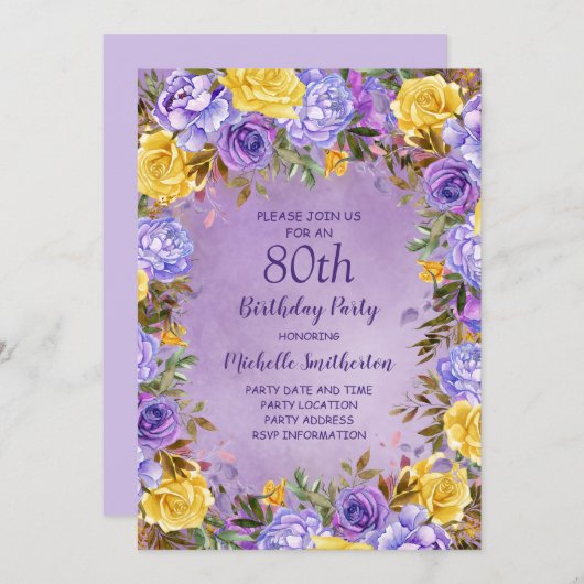 パープルエレガントイエローローズペオニー80誕生日 招待状 (正面/裏面)