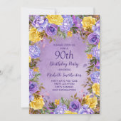 パープルエレガントイエローローズペオニー90誕生日 招待状 (正面)