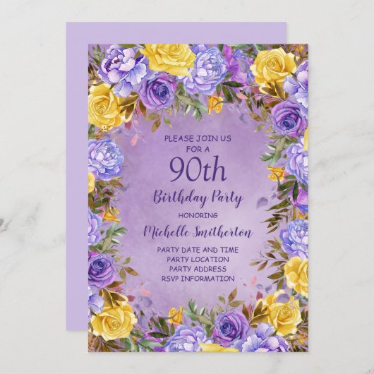 パープルエレガントイエローローズペオニー90誕生日 招待状 (正面/裏面)