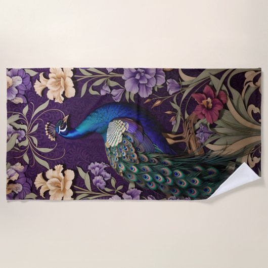パープルエレガントウィリアム・モリスの孔雀インスパイア ビーチタオル (正面)