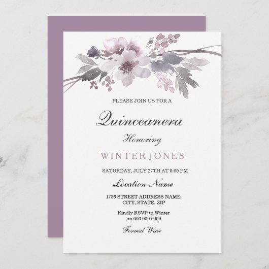 パープルエレガントウィンターフローラキンセアニェラ招待状 招待状 (正面/裏面)