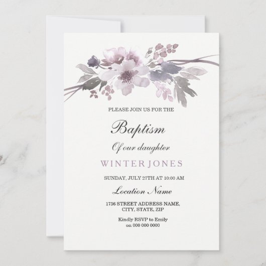 パープルエレガントウィンターフローラバプテスマ招待状 招待状 (正面)