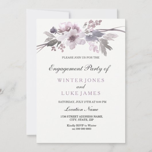 パープルエレガントウィンターフローラ婚約招待状 招待状 (正面)
