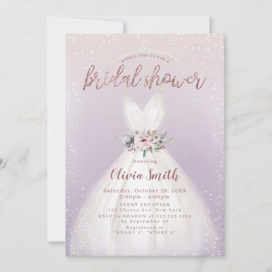 パープルエレガントウェディングドレスブライダルシャワーインビタット 招待状 (正面)