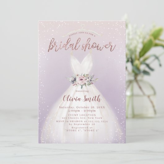 パープルエレガントウェディングドレスブライダルシャワーインビタット 招待状 (スタンド正面)