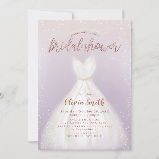 パープルエレガントウェディングドレスブライダルシャワー 招待状 (正面)