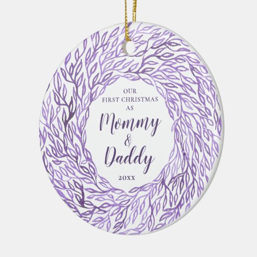 パープルエレガントウォーターの色1番目のクリスマスを親として セラミックオーナメント (左)