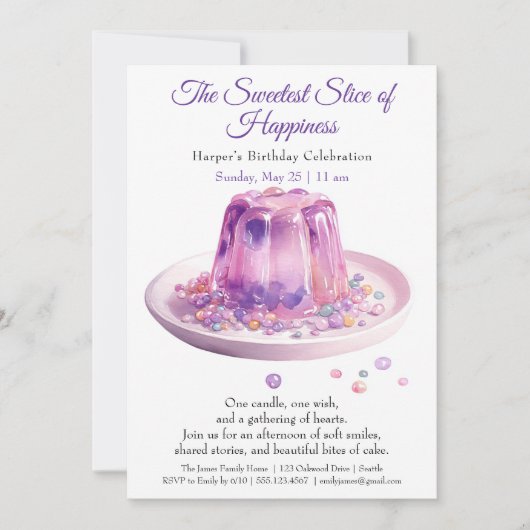 パープルエレガントウォーターカラーケーキ誕生日招待状 招待状 (正面)