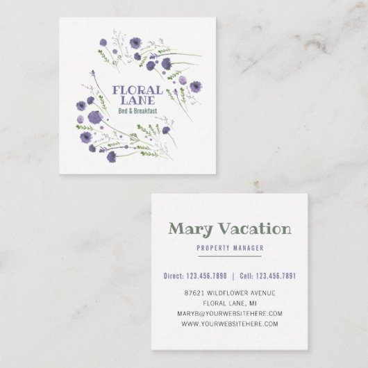 パープルエレガントウォーターカラーフラワーズバケーションレンタル スクエア名刺 (正面/裏面)