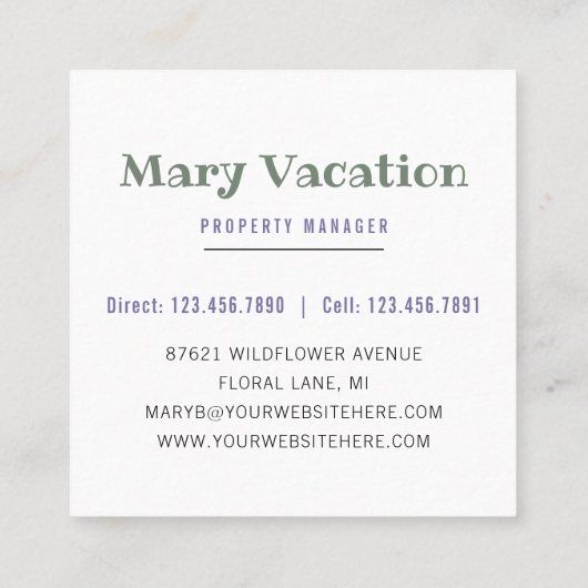 パープルエレガントウォーターカラーフラワーズバケーションレンタル スクエア名刺 (裏面)