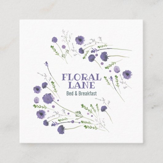パープルエレガントウォーターカラーフラワーズバケーションレンタル スクエア名刺 (正面)