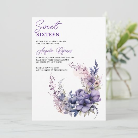 パープルエレガントウォーターカラーフローラリーススイーツ16 招待状 (スタンド正面)