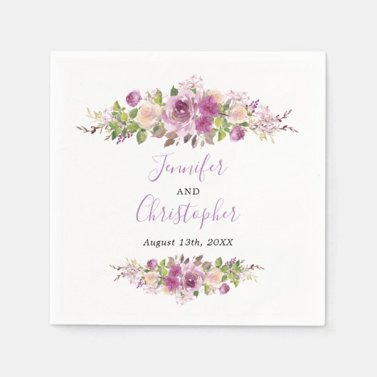 パープルエレガントウォーターカラーフローラ結婚ズナプキン スタンダードカクテルナプキン (正面)