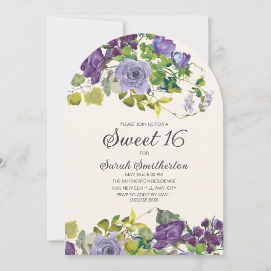 パープルエレガントウォーター色フローラつる植物スウィート16 招待状 (正面)