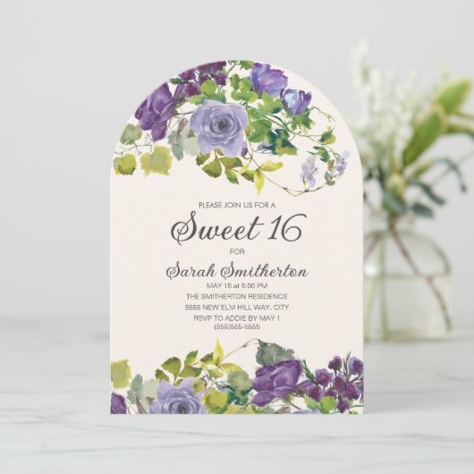 パープルエレガントウォーター色フローラつる植物スウィート16 招待状 (スタンド正面)
