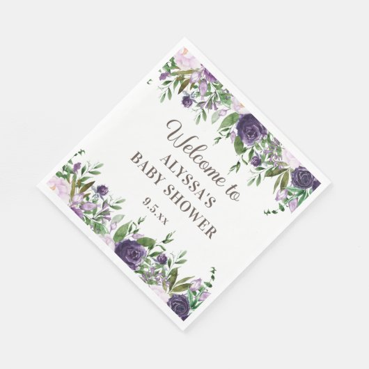 パープルエレガントウォーター色フローラガールベビーシャワー スタンダードランチョンナプキン (角)