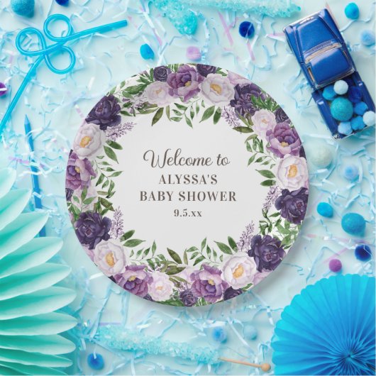 パープルエレガントウォーター色フローラガールベビーシャワー ペーパープレート (パーティー)