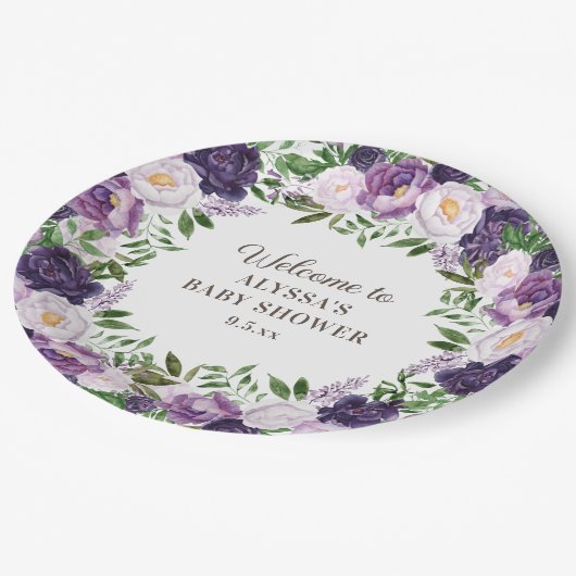 パープルエレガントウォーター色フローラガールベビーシャワー ペーパープレート (アングル)