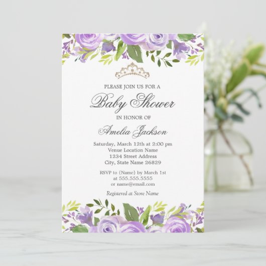 パープルエレガントウォーター色フローラベビーシャワー 招待状 (スタンド正面)