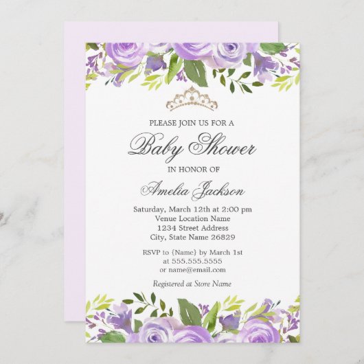 パープルエレガントウォーター色フローラベビーシャワー 招待状 (正面/裏面)