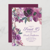 パープルエレガントウォーター色フローラ甘い16女の子 招待状 (正面/裏面)