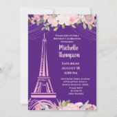 パープルエレガントエッフェルタワーパリ誕生日 招待状 (正面)