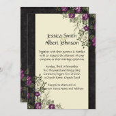 パープルエレガントガーデンフローラアイボリーダマスクウェディング 招待状 (正面/裏面)