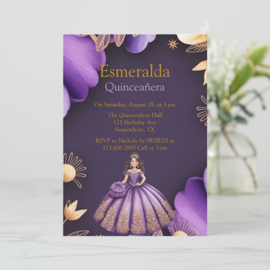 パープルエレガントクインセアニラガールアート 招待状 (スタンド正面)