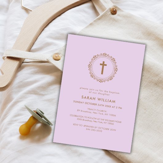 パープルエレガントクラシックリースクロス洗礼 招待状