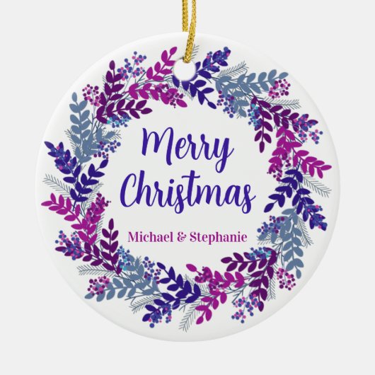 パープルエレガントクリスマスリース セラミックオーナメント (正面)