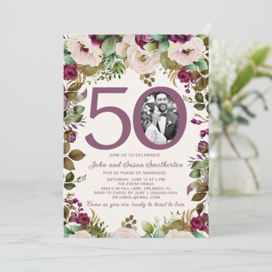 パープルエレガントクリームフローラ写真50周年記念 招待状 (スタンド正面)