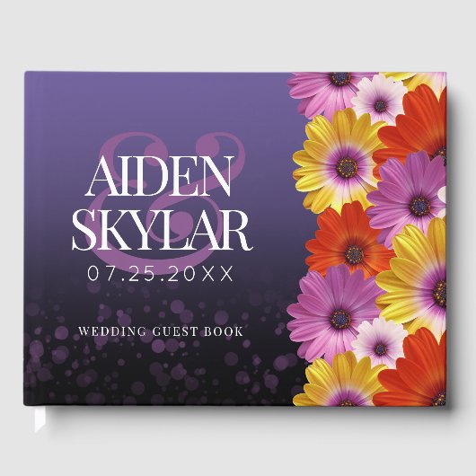 パープルエレガントグリッターの結婚デイジー ゲストブック (正面)