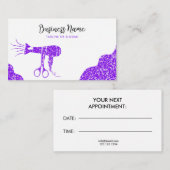 パープルエレガントグリッターヘアドライヤー美容師 予約カード (正面/裏面)