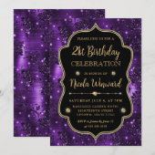 パープルエレガントグリッターヴィンテージフレーム誕生日 招待状 (正面/裏面)