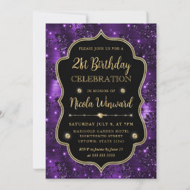 パープルエレガントグリッターヴィンテージフレーム誕生日 招待状