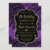 パープルエレガントグリッターヴィンテージフレーム誕生日 招待状 (正面/裏面)