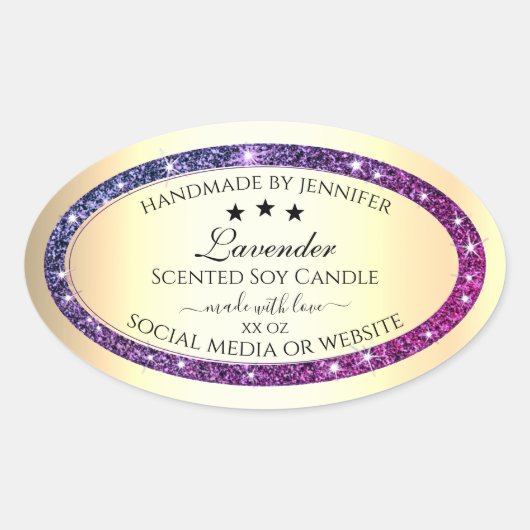 パープルエレガントグリッター製品ラベル付き金ゴールド 楕円形シール (正面)