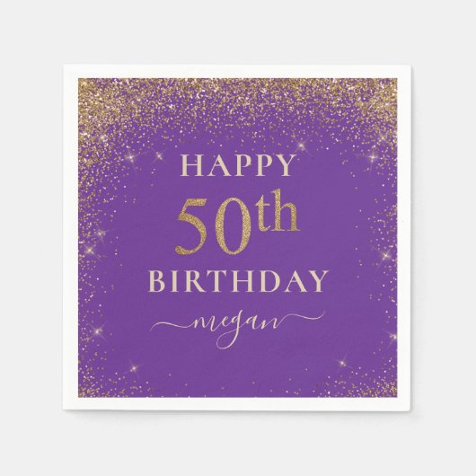 パープルエレガントグリッター50th誕生日パーティー スタンダードカクテルナプキン (正面)