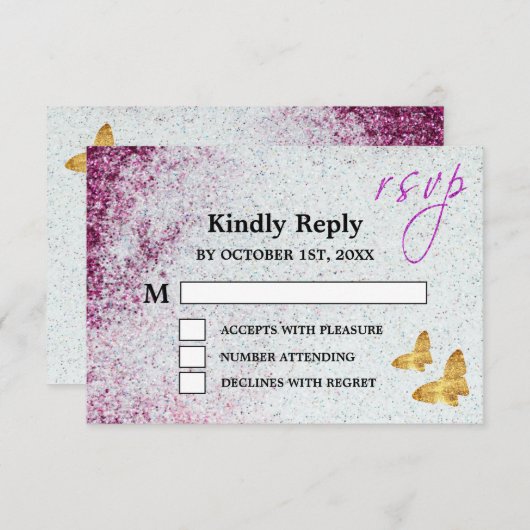 パープルエレガントグリッター&金ゴールドバタフライ結婚ズ 出欠カード (正面/裏面)